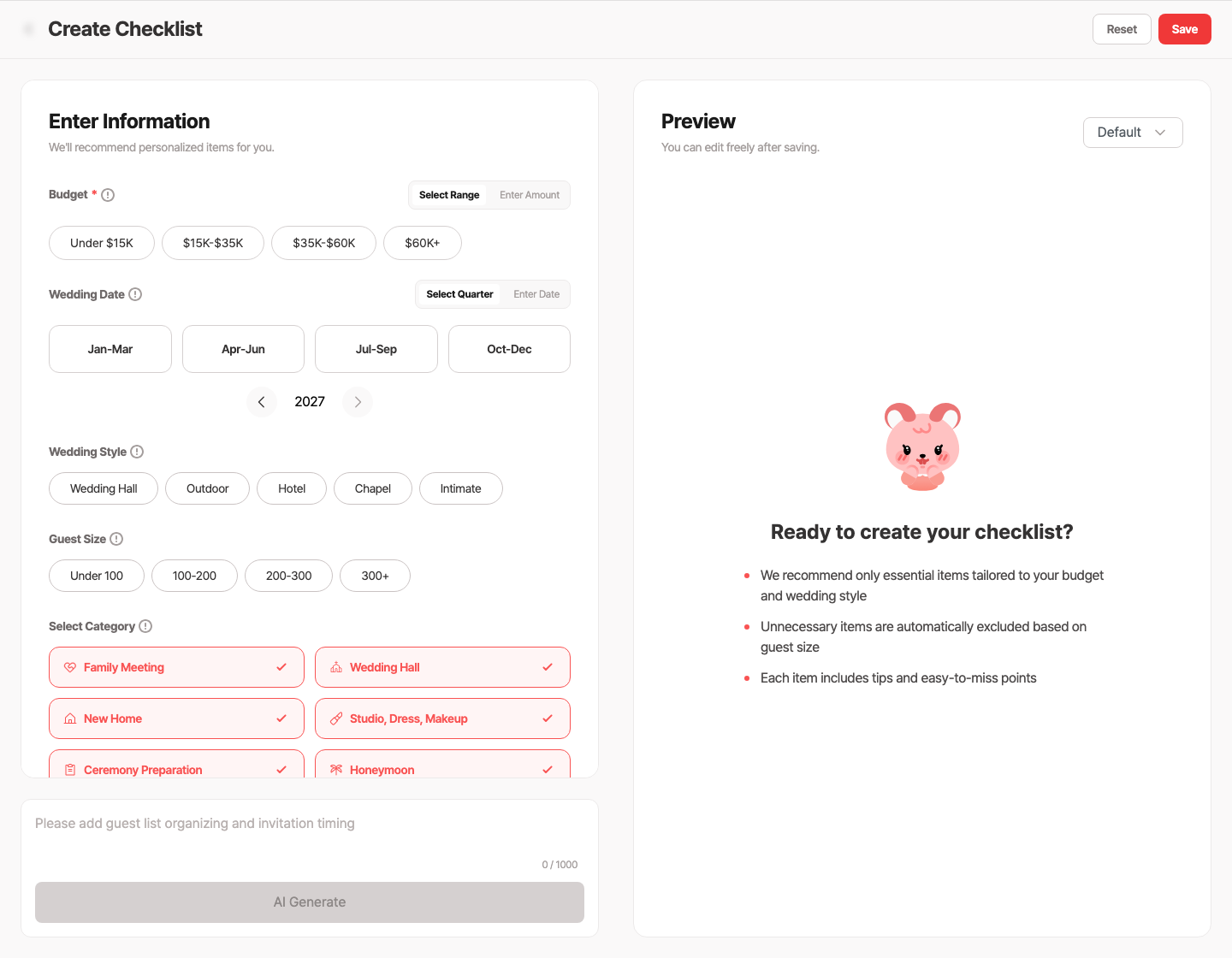 Checklist creation screen