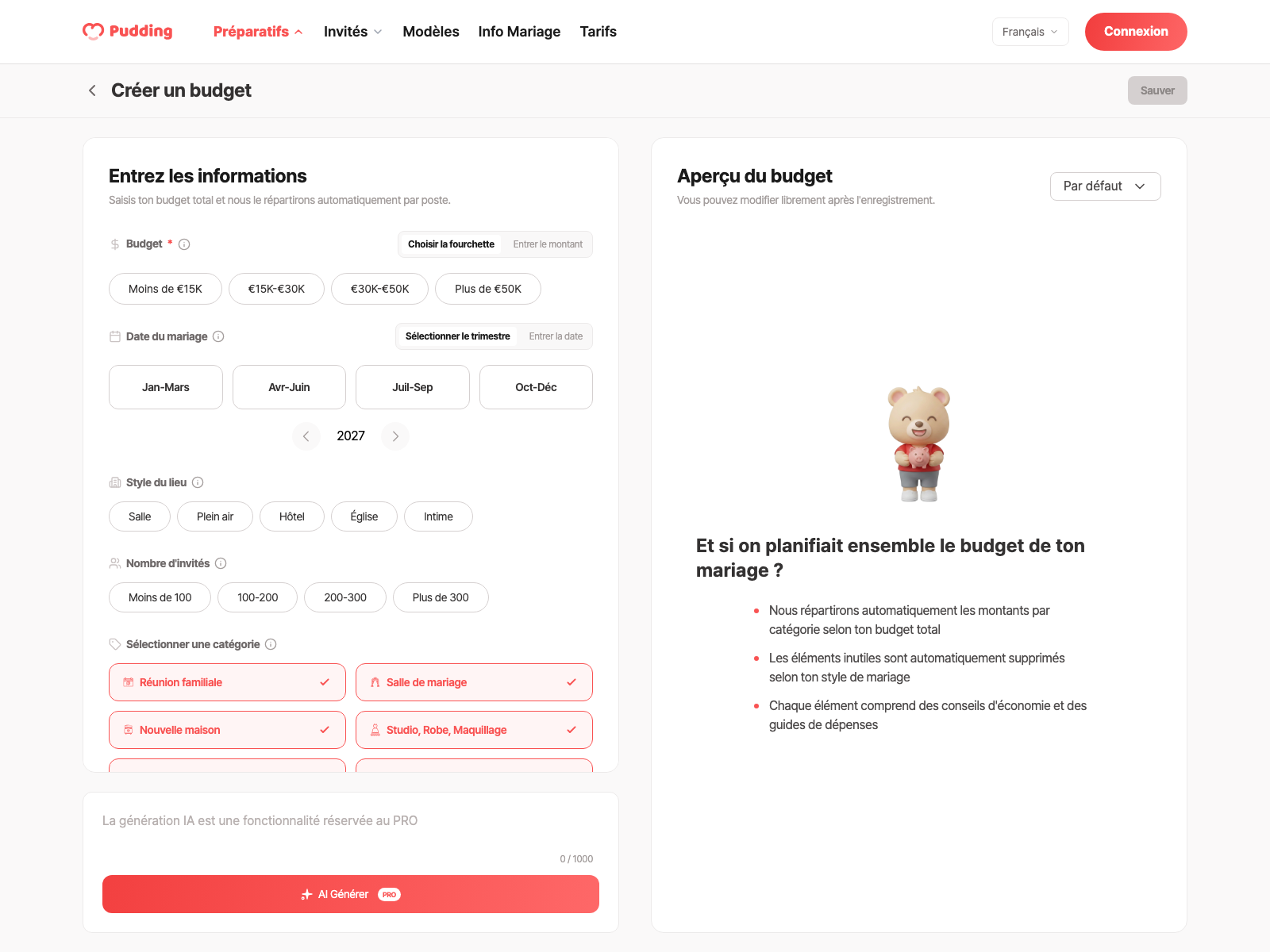 Écran de création du budget