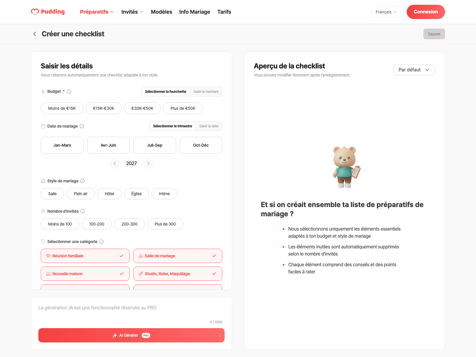 Écran de création de la checklist