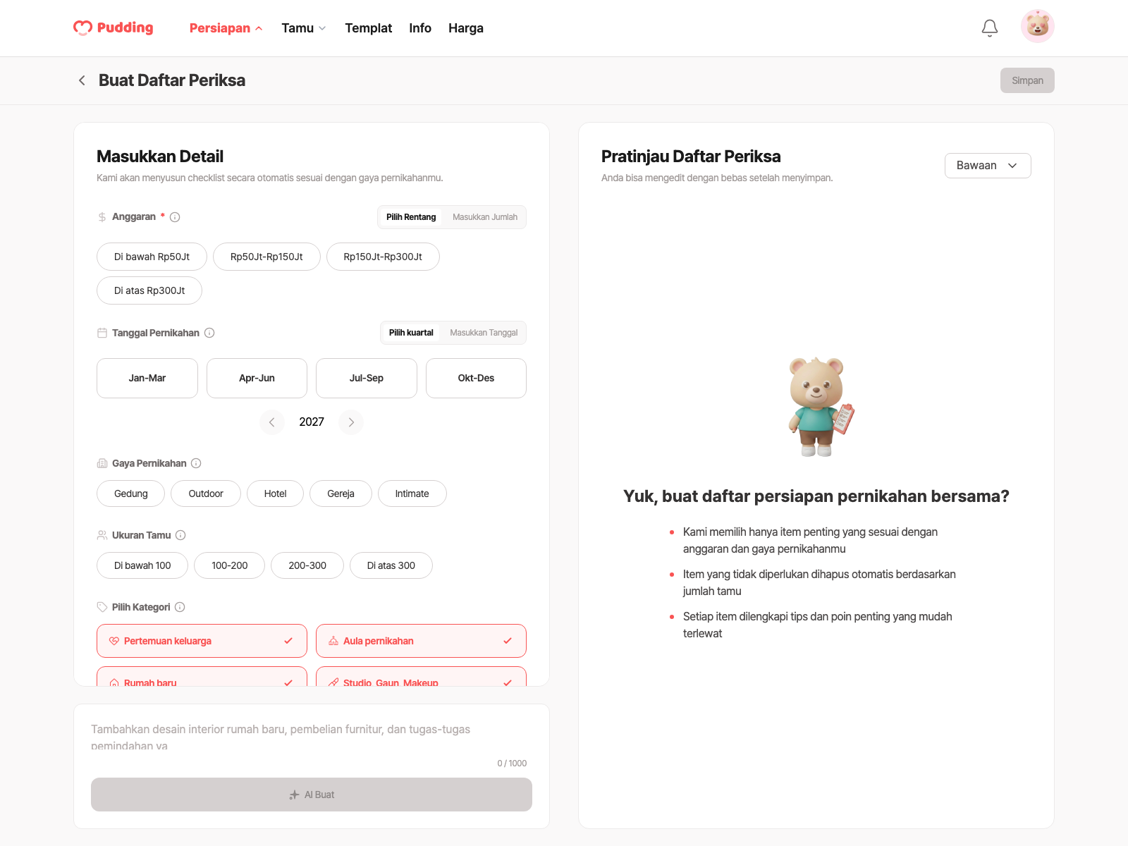 Layar pembuatan checklist