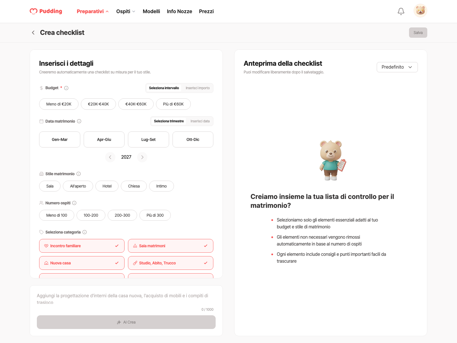 Schermata di creazione della checklist