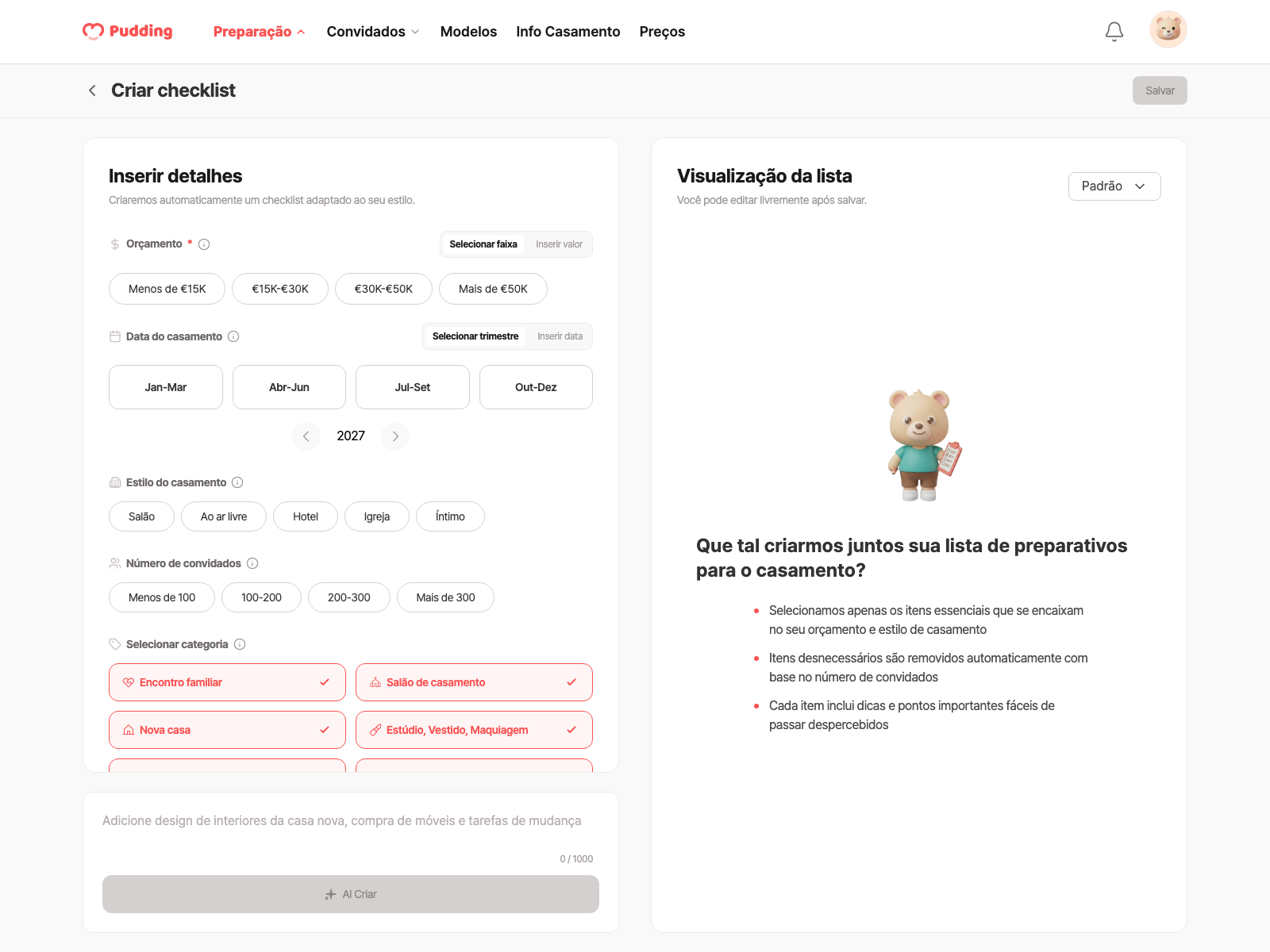 Tela de criação do checklist